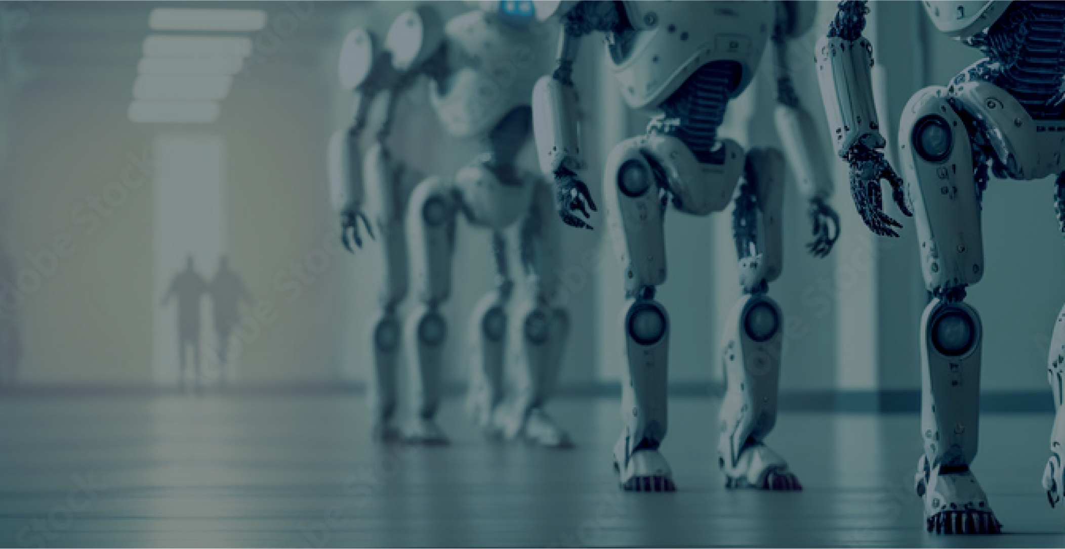 直立式ロボットが整列する写真